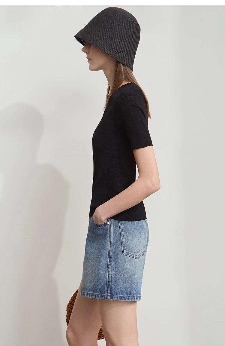 Damen-Rundhalspullover Lyocell Slim Kurzarm figurschmeichelnd Sommer