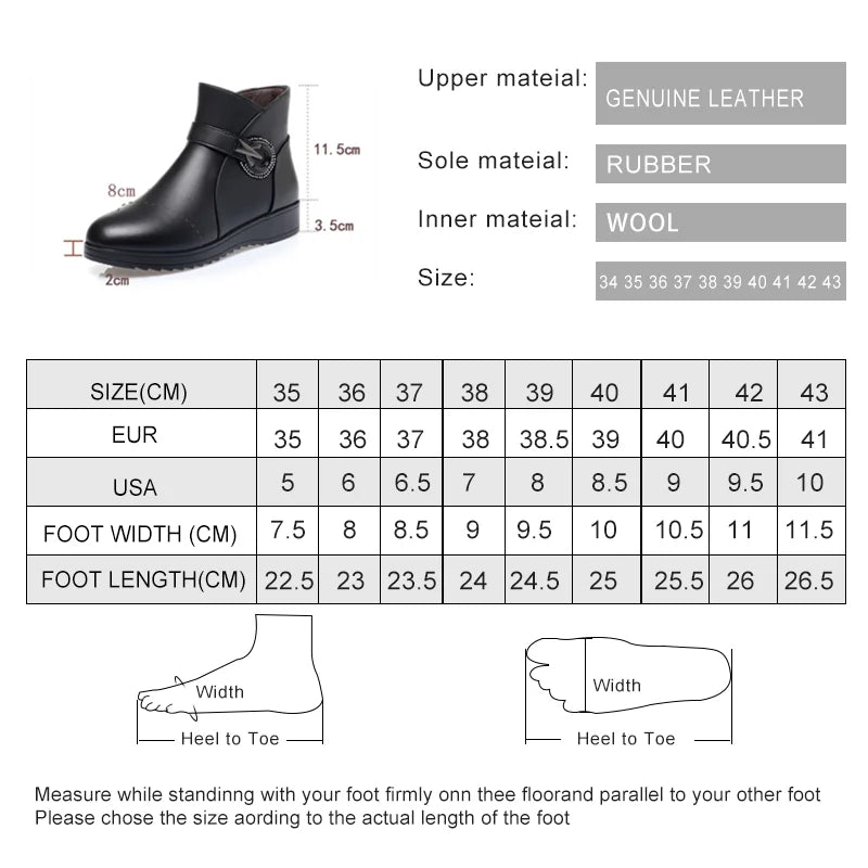 Schwarze Winterstiefelette mit Wollfutter und Größenübersicht (Maßtabelle)