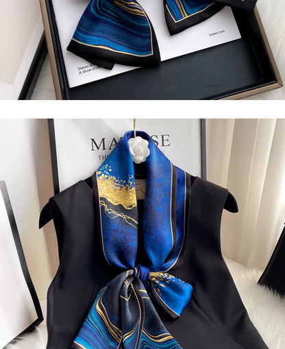 Damen Seidenschal dünn Taschenband Foulard Haarband Stirnband bedruckt E