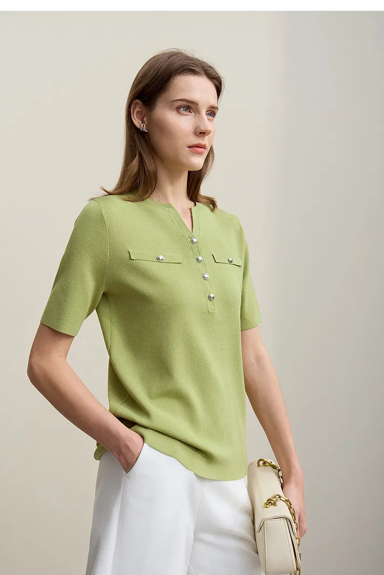 Kurzärmeliger Pullover mit Halbknopfleiste, grüner Stoff, Brusttaschen