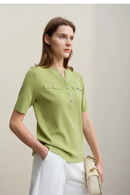 Kurzärmeliger Pullover mit Halbknopfleiste, grüner Stoff, Brusttaschen