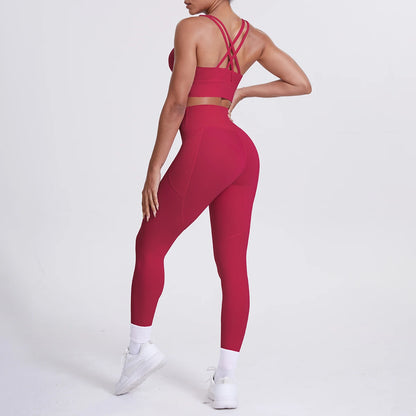 Yoga-Set mit Sporttop und Leggings, bordeauxrot, gekreuzte Träger, hoher Bund