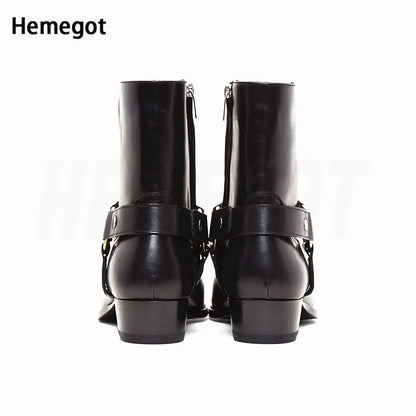 Chelsea-Boots Rückansicht mit Schnallriemen und seitlichem Reißverschluss, Glattleder schwarz