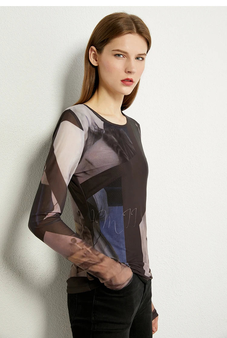 Damen Langarm-T-Shirt im Minimalismus-Stil mit trendigem Netzdruck
