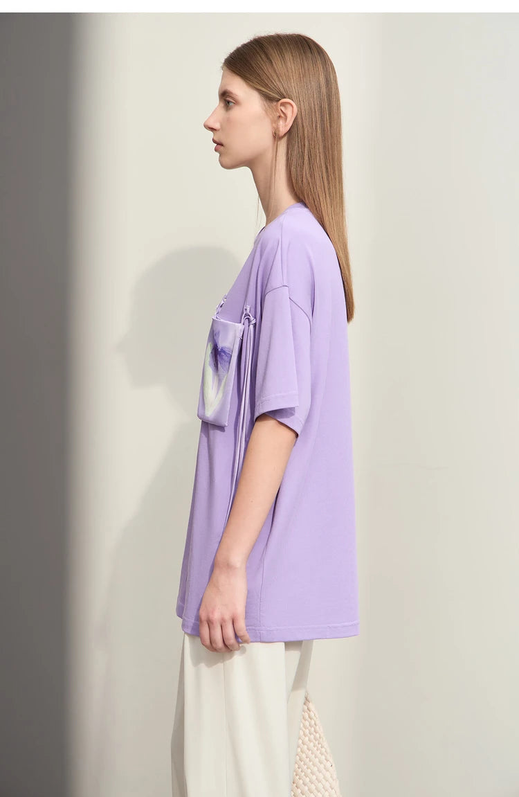 Damen T-Shirt im Minimalismus-Stil mit Taschen und elastischem O-Neck