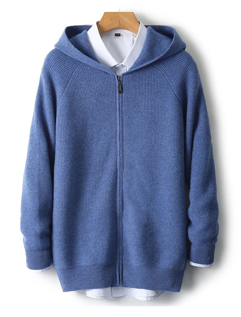 Herren Kapuze Strickjacke Woll jacke Herbst/Winter verdickt große 100% Merinowolle Pullover Reiß verschluss Casual Sportswear Mantel Tops
