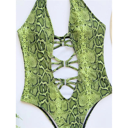 Damen Badeanzug Schlangenhaut Neckholder Bauch-Cut-Out Monokini Einteiler