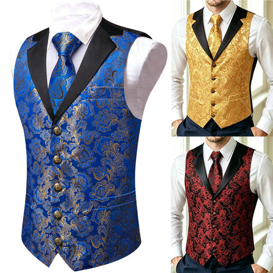 Blaue Jacquard-Herrenweste mit schwarzem Revers und goldfarbenen Knöpfen