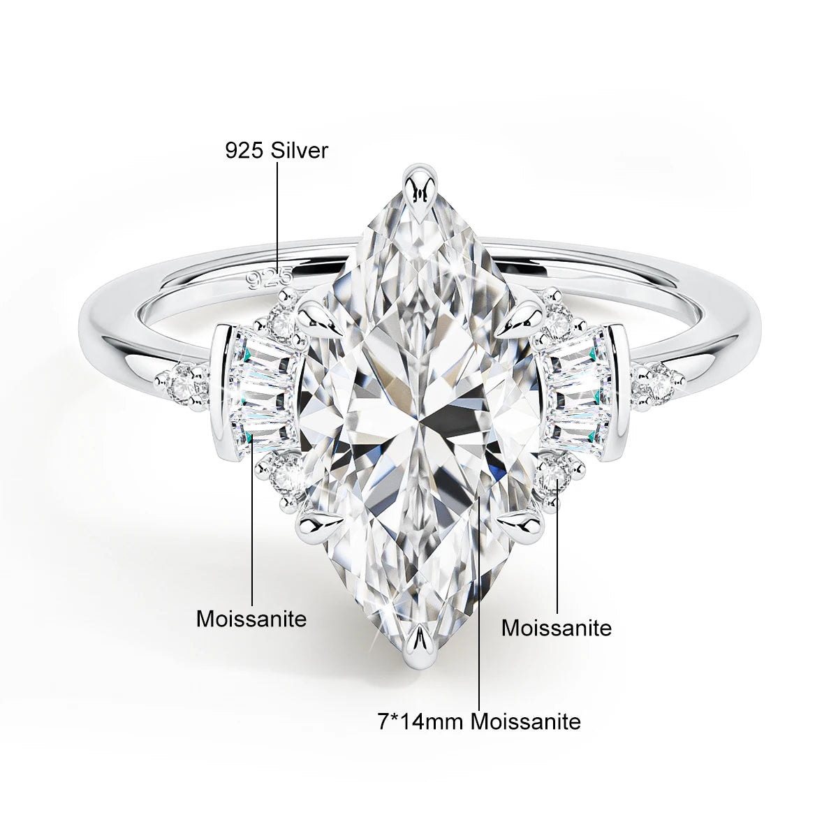 Damen-Verlobungsring aus Moissanit mit GRA Zertifikat, Marquise-Schliff, 3 Karat, 7x14 mm