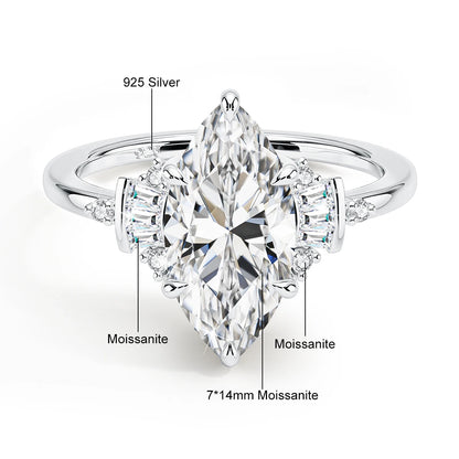 Damen-Verlobungsring aus Moissanit mit GRA Zertifikat, Marquise-Schliff, 3 Karat, 7x14 mm