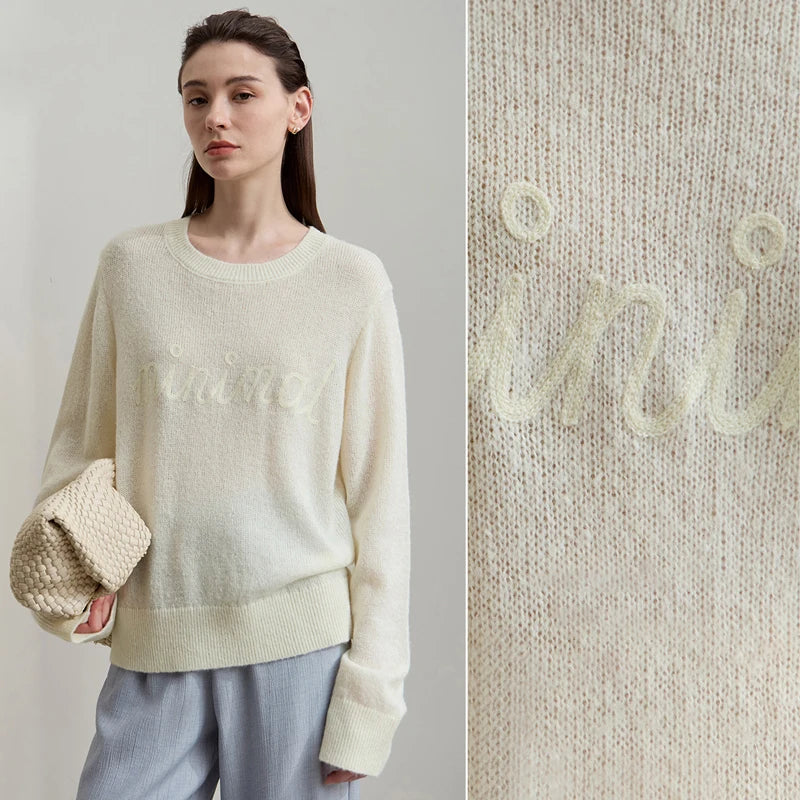 Damenpullover aus Strick, hellbeige, Rundhalsausschnitt, lange Ärmel