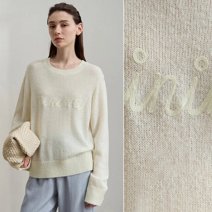 Damenpullover aus Strick, hellbeige, Rundhalsausschnitt, lange Ärmel