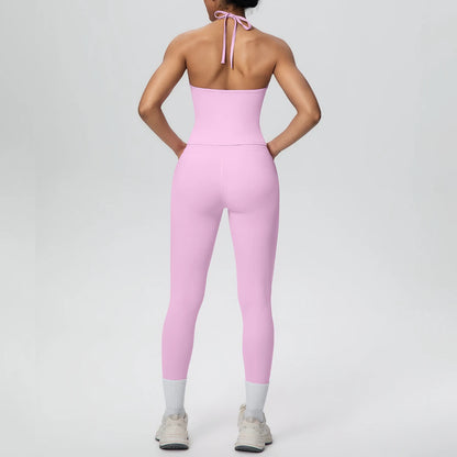 Rosa Damen-Yogaset: Tanktop mit Rückenträgern und Capri-Leggings