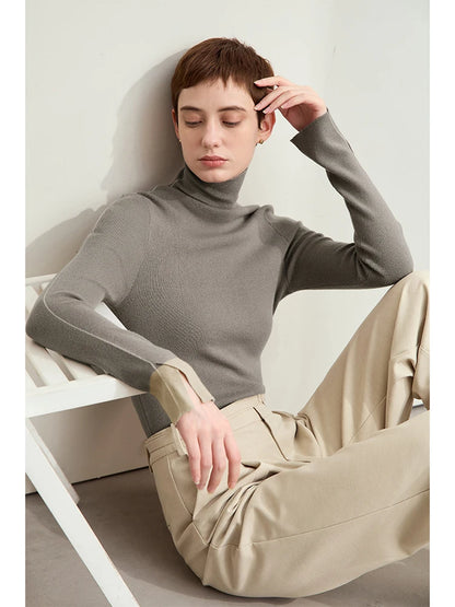 Damen-Rollkragenpullover Farbkontrast Slim Fit Langarm Frühling