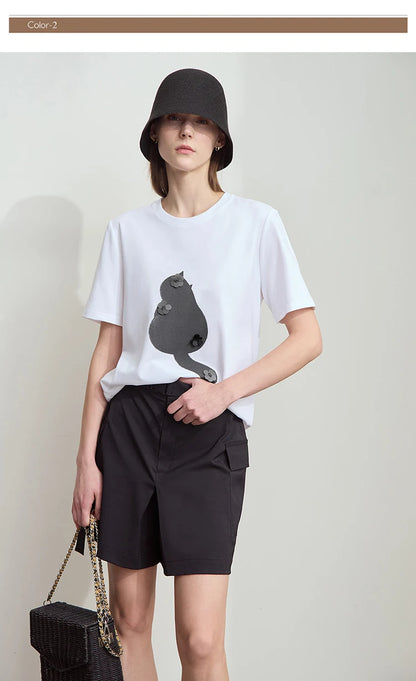Damen T-Shirt im College-Stil aus leicht elastischem Lyocell mit minimalistischen Druck