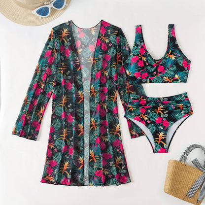 Damen-Bikini-Set mit hohem Bund und Print – dreiteiliges Badeanzug-Set für Strand und Pool