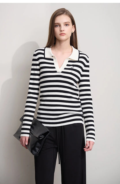 Damen V-Ausschnitt Pullover Streifen Stickerei Polo Kontrastfarben Herbst