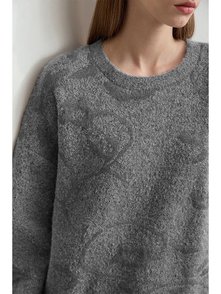 Nahansicht Damenpullover: grauer Jacquard-Strick mit Rundhalsausschnitt, lange Ärmel
