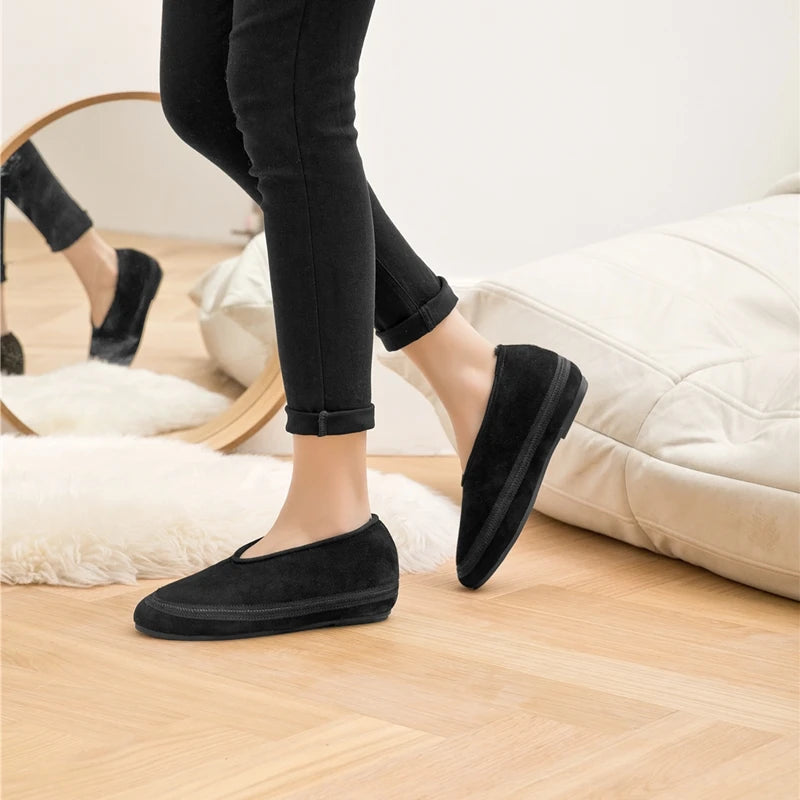 Damen-Winterflachschuhe in Schwarz, flache Passform mit seitlicher Naht