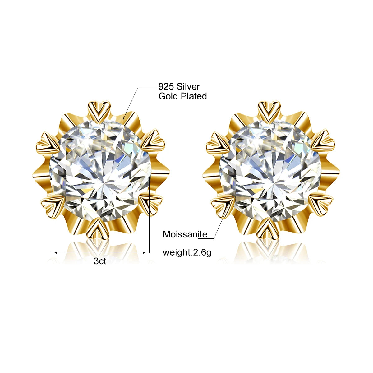 Damen-Moissanit-Ohrstecker mit Zertifikat 1 Ct 6,5 mm Gelbgold-Plattierung Silber 925