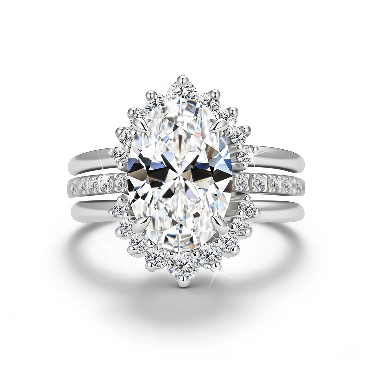Damen-Verlobungsring-Set aus Silber mit ovalem Moissanit, 5 Karat Gesamt, 3-Teiliges Ringset, Zertifikat