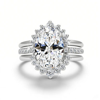 Damen-Verlobungsring-Set aus Silber mit ovalem Moissanit, 5 Karat Gesamt, 3-Teiliges Ringset, Zertifikat