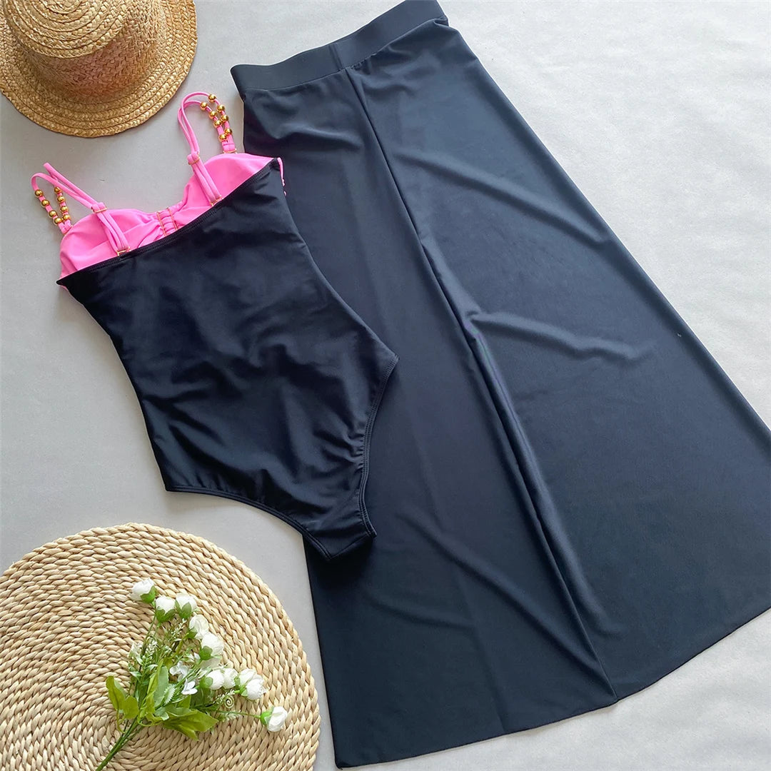Damen Badeanzug Spleiß Cut-Out Rock gerüscht Einteiler Monokini