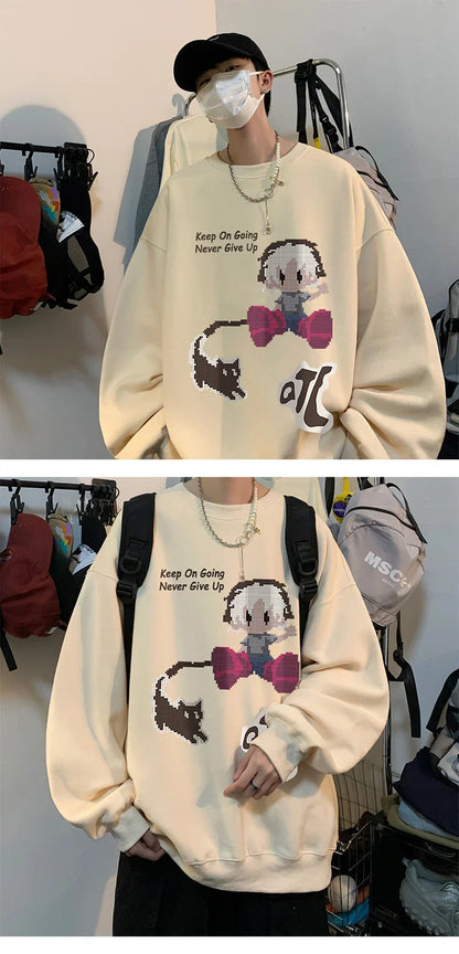 Vintage Oversize Herren-Sweatshirt mit Fist-Print und Rundhalsausschnitt – Herbst/Winter Langarmshirt mit Samtfutter im High-Street-Trend