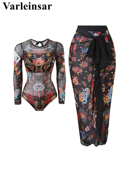 Damen-Badeanzug Blumen Langarm Sarong einteilig gepolstert