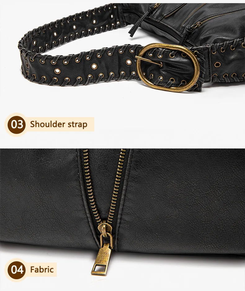 Damen-Hobo-Handtasche Vintage-Stil aus weichem Kunstleder mit geflochtenem Tragegurt und Mehrfach-Reißverschlussfächern