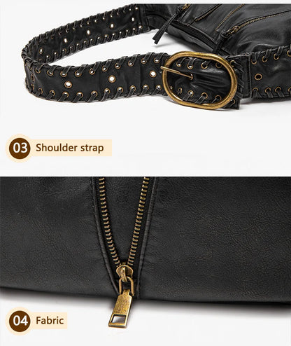 Damen-Hobo-Handtasche Vintage-Stil aus weichem Kunstleder mit geflochtenem Tragegurt und Mehrfach-Reißverschlussfächern