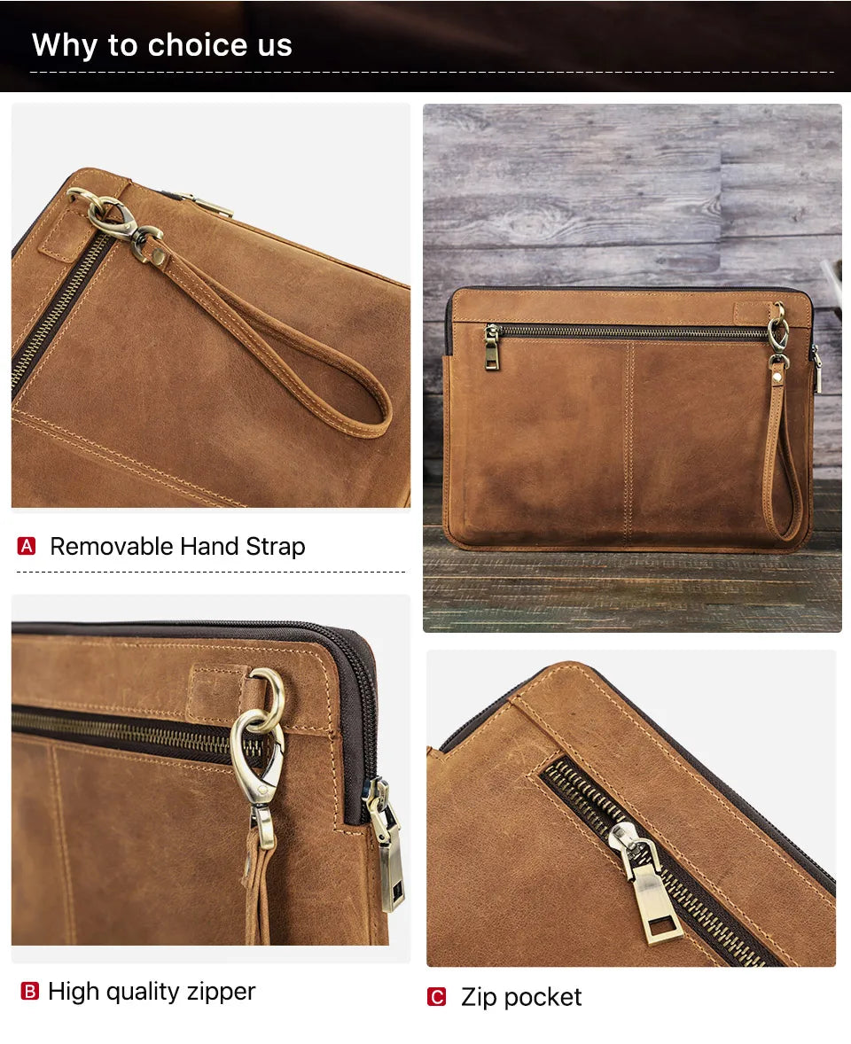 Braune Echtleder-Laptop-Tasche mit abnehmbarer Handgurt-Schlaufe, Reißverschluss und Zip-Fach