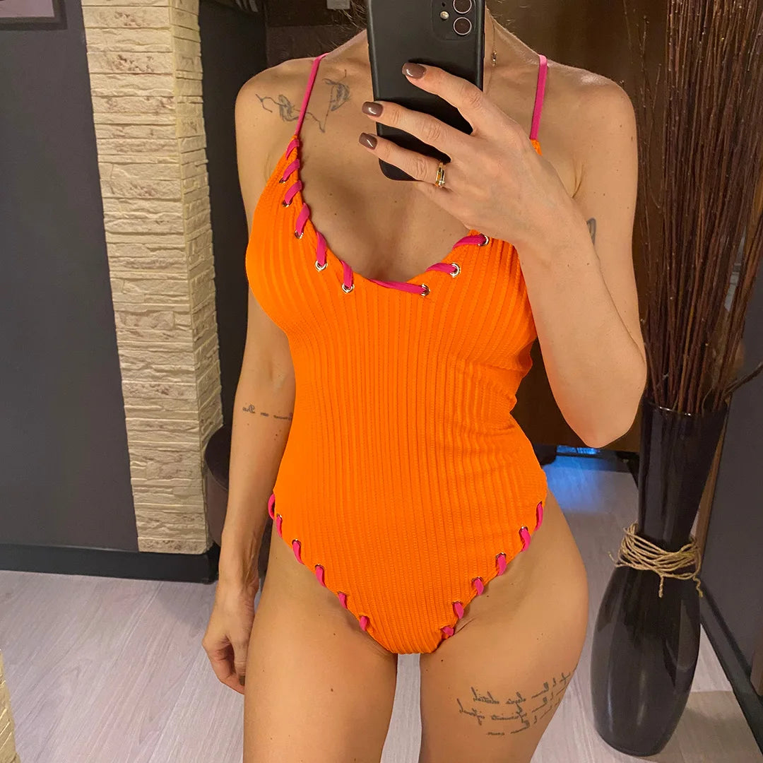 Damen Badeanzug V-Ausschnitt Rippen Kreuzrücken hoher Beinausschnitt Monokini 5 Farben