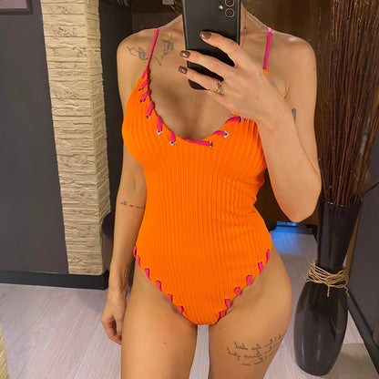 Damen Badeanzug V-Ausschnitt Rippen Kreuzrücken hoher Beinausschnitt Monokini 5 Farben
