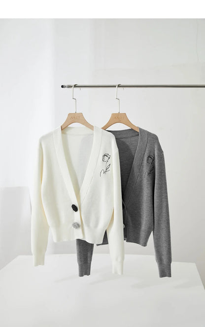 Damen-Strickjacke V-Ausschnitt Stickerei locker Langarm Herbst