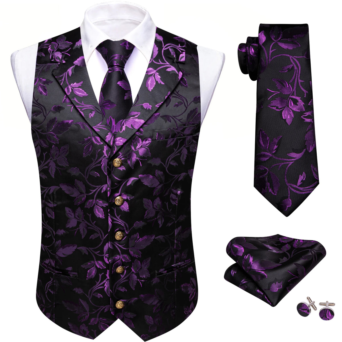 Herrenweste mit Jacquard-Blumenmuster in Schwarz und Violett, inklusive Krawatte und Einstecktuch