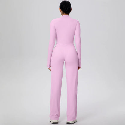 Fliederfarbenes Yoga-Set: Zip-Crop-Top und lange Hose, Rückansicht