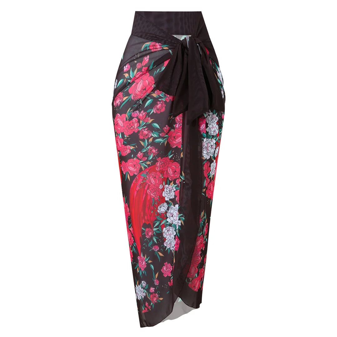 Damen-Badeanzug Blumen Langarm Sarong einteilig gepolstert