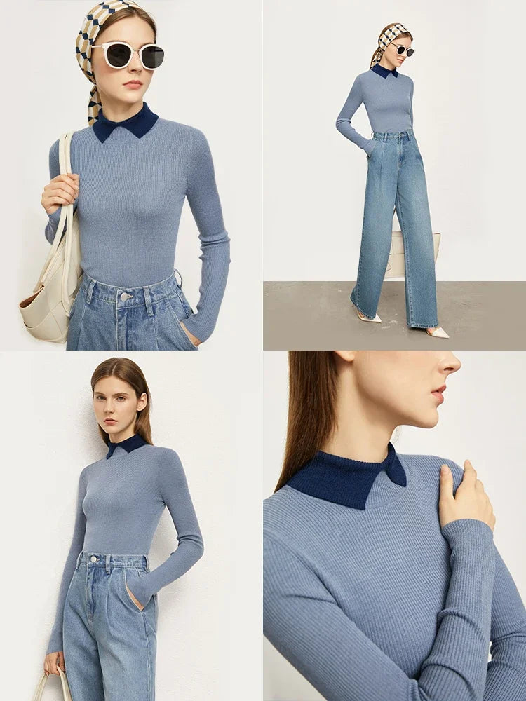 Damenpullover mit Kontrastkragen, hellblau mit dunkelblauem Turn-down-Kragen