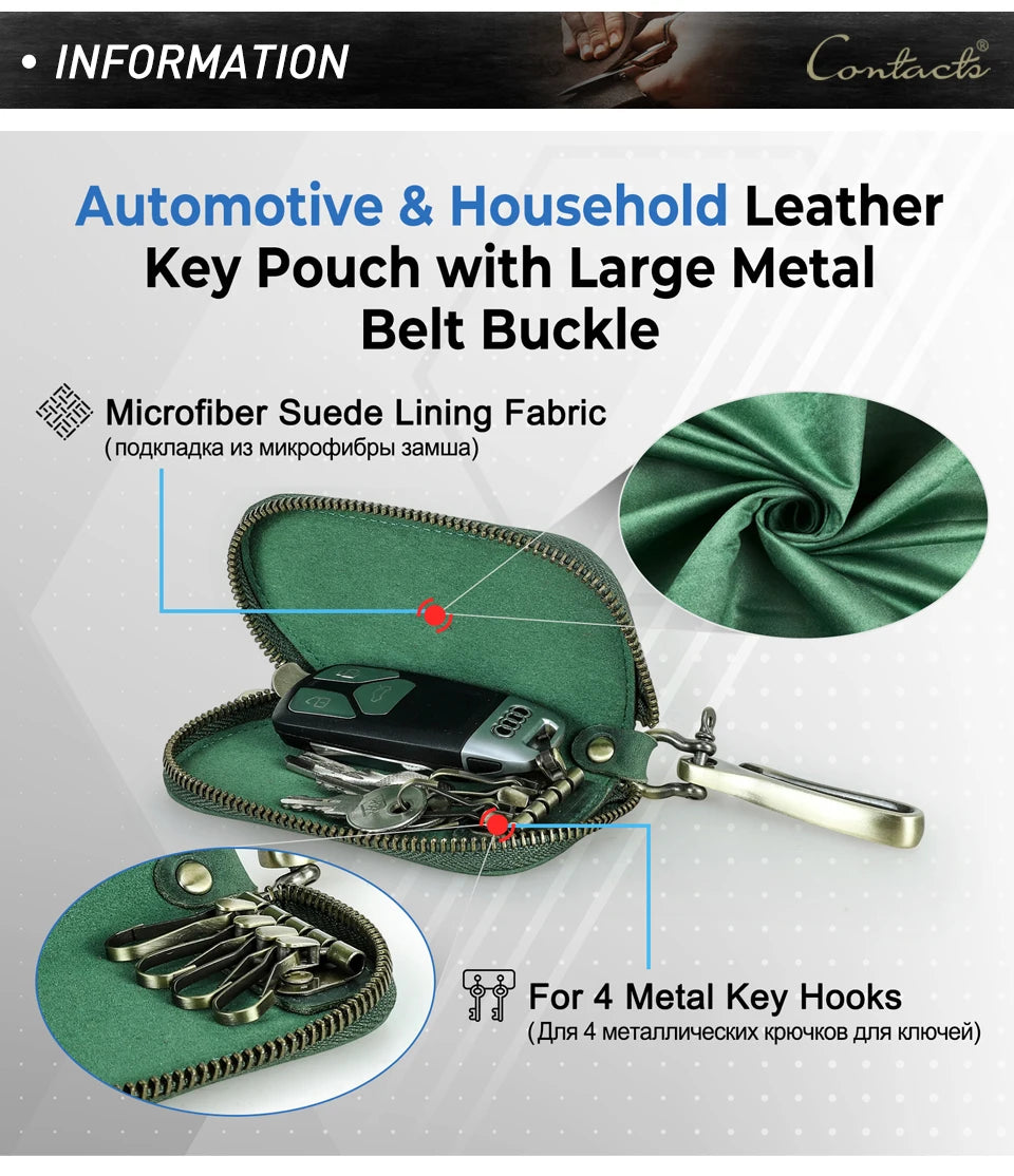 Schlüsseltasche aus Leder, dunkelgrün, mit Metallverschluss und 4 Schlüsselhaken