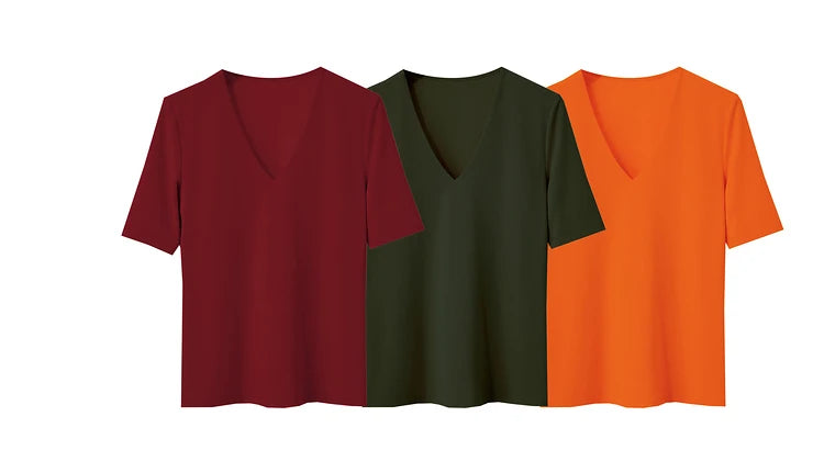 Damen T-Shirt im Minimalismus-Stil mit V-Ausschnitt und halben Ärmeln