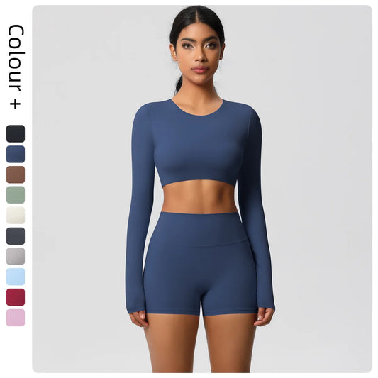 Damen Yoga-Set mit langarmigem Crop-Top und High-Waist-Shorts, dunkelblau