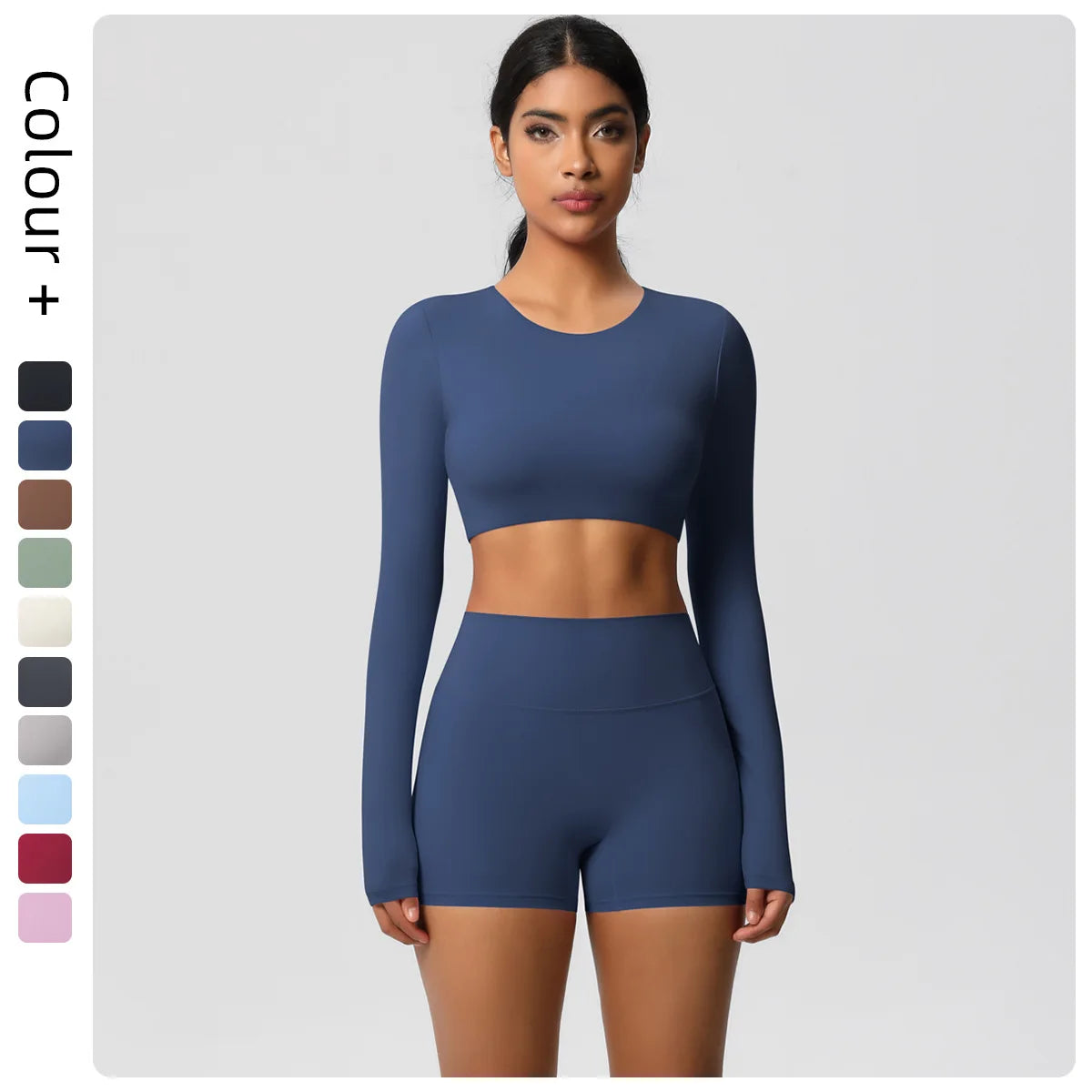 Damen Gym-Set (Quick-Dry): langärmliges Crop-Top und Shorts, Navyblau