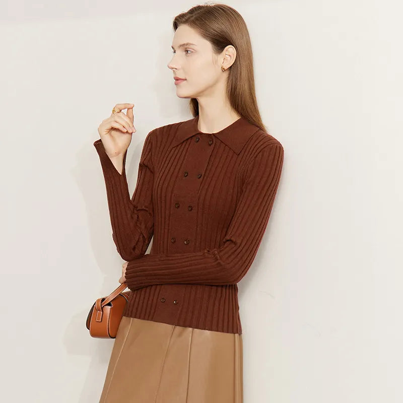 Damen-Strickjacke Polokragen Slim doppelreihig Wolle-Mix Frühling-Herbst