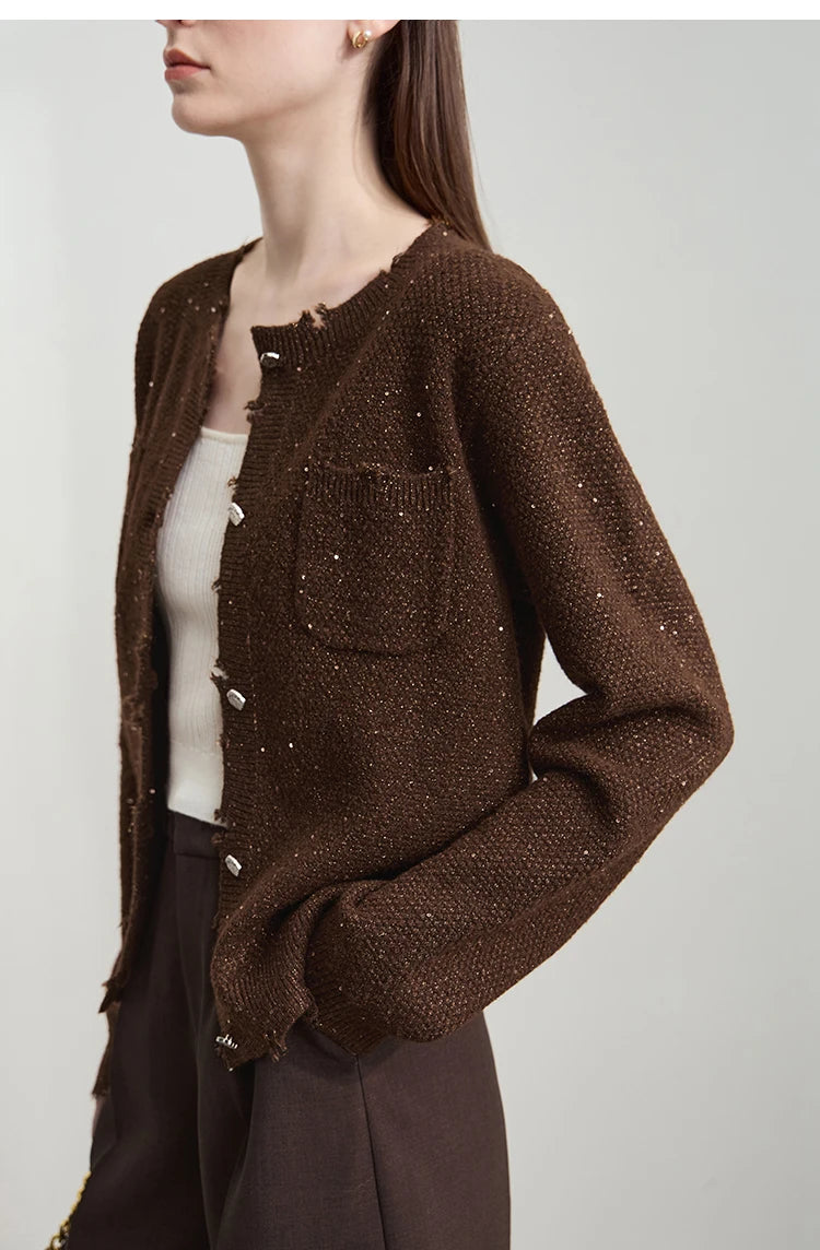 Damen-Strickjacke Rundhals englischer Stil einfarbig elegant Herbst