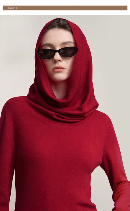 AMII Damenpullover in Weinrot mit drapiertem Cowl-Kragen und langen Ärmeln