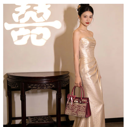 Damen Handtasche Aus Split-Leder Mit Crossbody-Tasche Im Chinesischen Stil