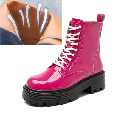Knöchelhohe Schnürstiefel aus Leder, pink lackiert, mit dicker Profilsohle