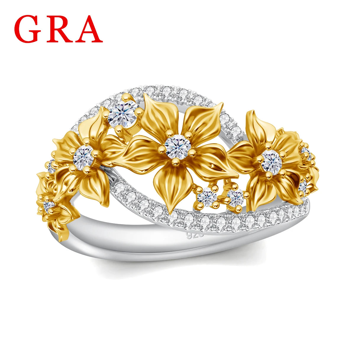 Damen-Ring Blüten-Moissanit Mit Zertifikat Und Goldplattierung Auf 925er Silber Für Verlobung Und Alltag
