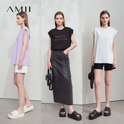 Damen T-Shirt aus Baumwolle mit lässigem O-Ausschnitt und breiten Schultern